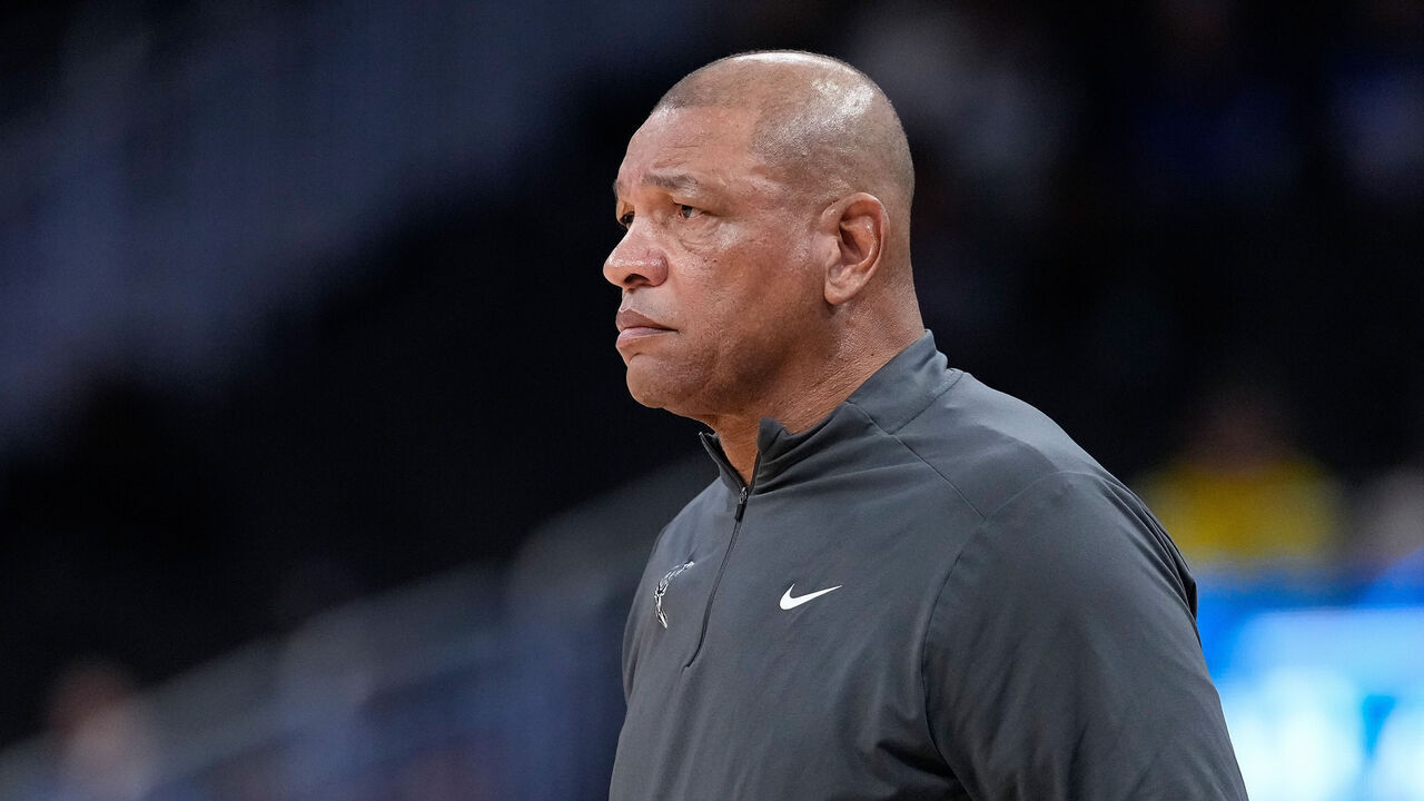 MILWAUKEE, WISCONSIN - APRIL 05: Doc Rivers head coach of the Milwaukee Bucks looks on during the game against the Memphis Grizzlies at Fiserv Forum on April 05, 2026 in Milwaukee, Wisconsin.