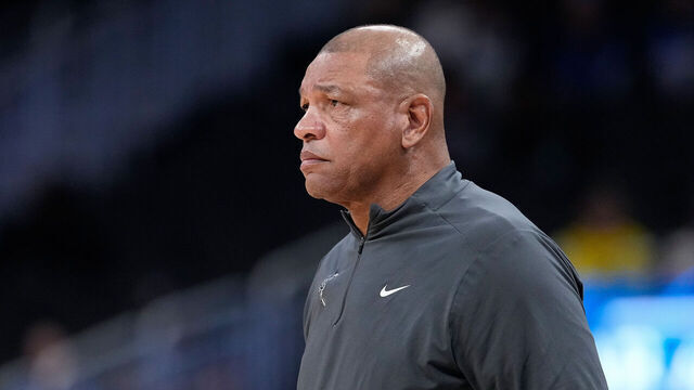 MILWAUKEE, WISCONSIN - APRIL 05: Doc Rivers head coach of the Milwaukee Bucks looks on during the game against the Memphis Grizzlies at Fiserv Forum on April 05, 2026 in Milwaukee, Wisconsin.