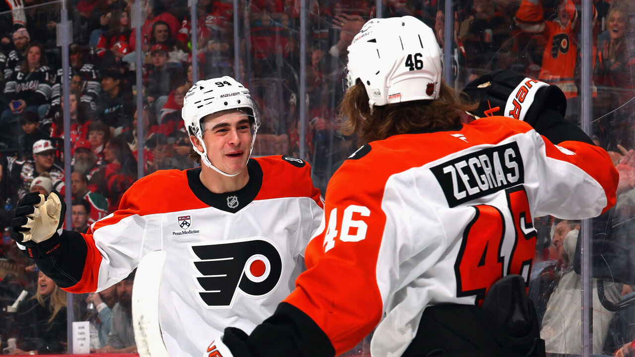 NEWARK, NEW JERSEY - APRIL 07: Trevor Zegras #46 of the Philadelphia Flyers celebrates his powerplay goal against the New Jersey Devils at 3:36 of the first period on an assist from Porter Martone #94 (l) at Prudential Center on April 07, 2026 in Newark, New Jersey.