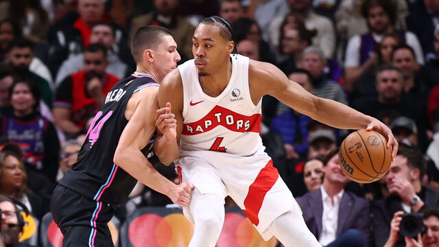 TORONTO, CANADA - APRIL 7: Scottie Barnes #4 of the Toronto Raptors dribbles the ball during the game against the Miami Heat on April 7, 2026 at the Scotiabank Arena in Toronto, Ontario, Canada. Mandatory Copyright Notice: Copyright 2026 NBAE