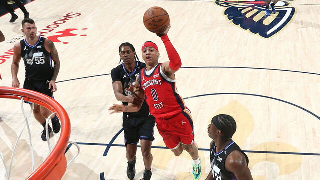 NEW ORLEANS, LA - APRIL 7: Jeremiah Fears #0 of the New Orleans Pelicans shoots the ball during the game against the Utah Jazz on April 7, 2026 at the Smoothie King Center in New Orleans, Louisiana. Mandatory Copyright Notice: Copyright 2026 NBAE