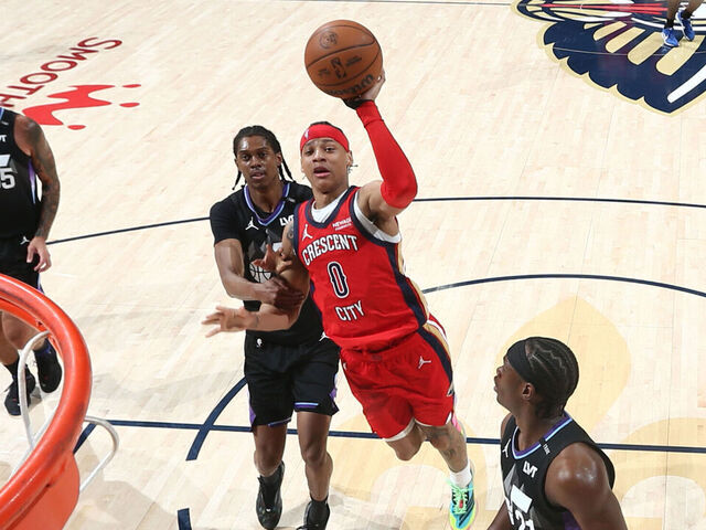 NEW ORLEANS, LA - APRIL 7: Jeremiah Fears #0 of the New Orleans Pelicans shoots the ball during the game against the Utah Jazz on April 7, 2026 at the Smoothie King Center in New Orleans, Louisiana. Mandatory Copyright Notice: Copyright 2026 NBAE