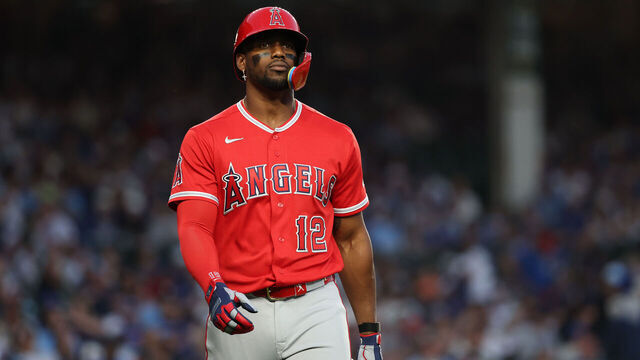 CHICAGO, ILLINOIS - MARCH 30: Jorge Soler #12 of the Los Angeles Angels looks on against the Chicago Cubs at Wrigley Field on March 30, 2026 in Chicago, Illinois.