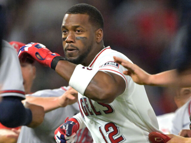 ANAHEIM, CALIFORNIA - APRIL 7: Benches clear as pitcher Reynaldo López #40 of the Atlanta Braves and right fielder Jorge Soler #12 of the Los Angeles Angels fight on the field during the fifth inning at Angel Stadium of Anaheim on April 7, 2026 in Anaheim, California.