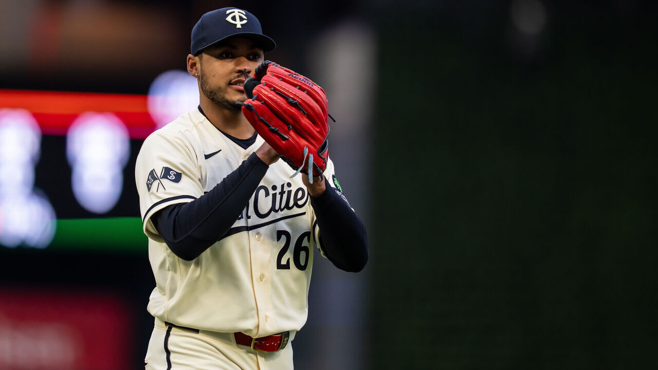 MINNEAPOLIS, MN - APRIL 7: Taj Bradley #26 of the Minnesota Twins looks on against the Detroit Tigers on April 7, 2026 at Target Field in Minneapolis, Minnesota.