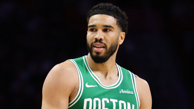 MIAMI, FLORIDA - APRIL 01: Jayson Tatum #0 of the Boston Celtics looks on against the Miami Heat during the second quarter of the game at Kaseya Center on April 01, 2026 in Miami, Florida.