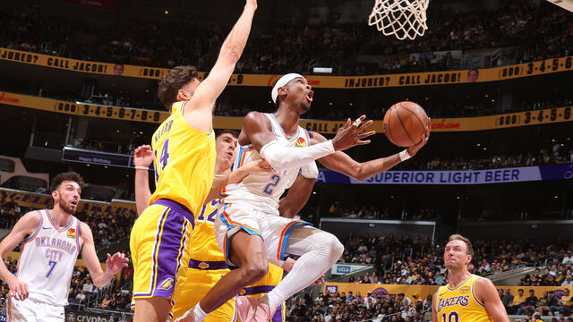 LOS ANGELES, CA - APRIL 7: Shai Gilgeous-Alexander #2 of the Oklahoma City Thunder drives to the basket during the game against the Los Angeles Lakers on April 7, 2026 at Crypto.Com Arena in Los Angeles, California. NOTE TO USER: User expressly acknowledges and agrees that, by downloading and/or using this Photograph, user is consenting to the terms and conditions of the Getty Images License Agreement. Mandatory Copyright Notice: Copyright 2026 NBAE