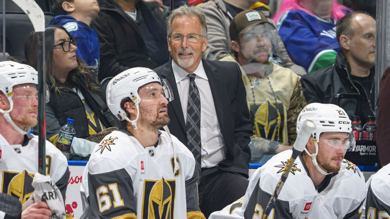 VANCOUVER, CANADA - APRIL 7: Head coach John Tortorella of the Vegas Golden Knights is seen during the first period of their NHL game Ginat the Vancouver Canucks at Rogers Arena on April 7, 2026 in Vancouver, British Columbia, Canada.