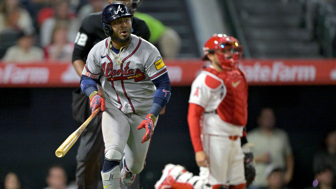 ANAHEIM, CALIFORNIA - APRIL 7: Ozzie Albies #1 of the Atlanta Braves watches the flight of the ball on a solo home run in the eighth inning against the Los Angeles Angels at Angel Stadium of Anaheim on April 7, 2026 in Anaheim, California.
