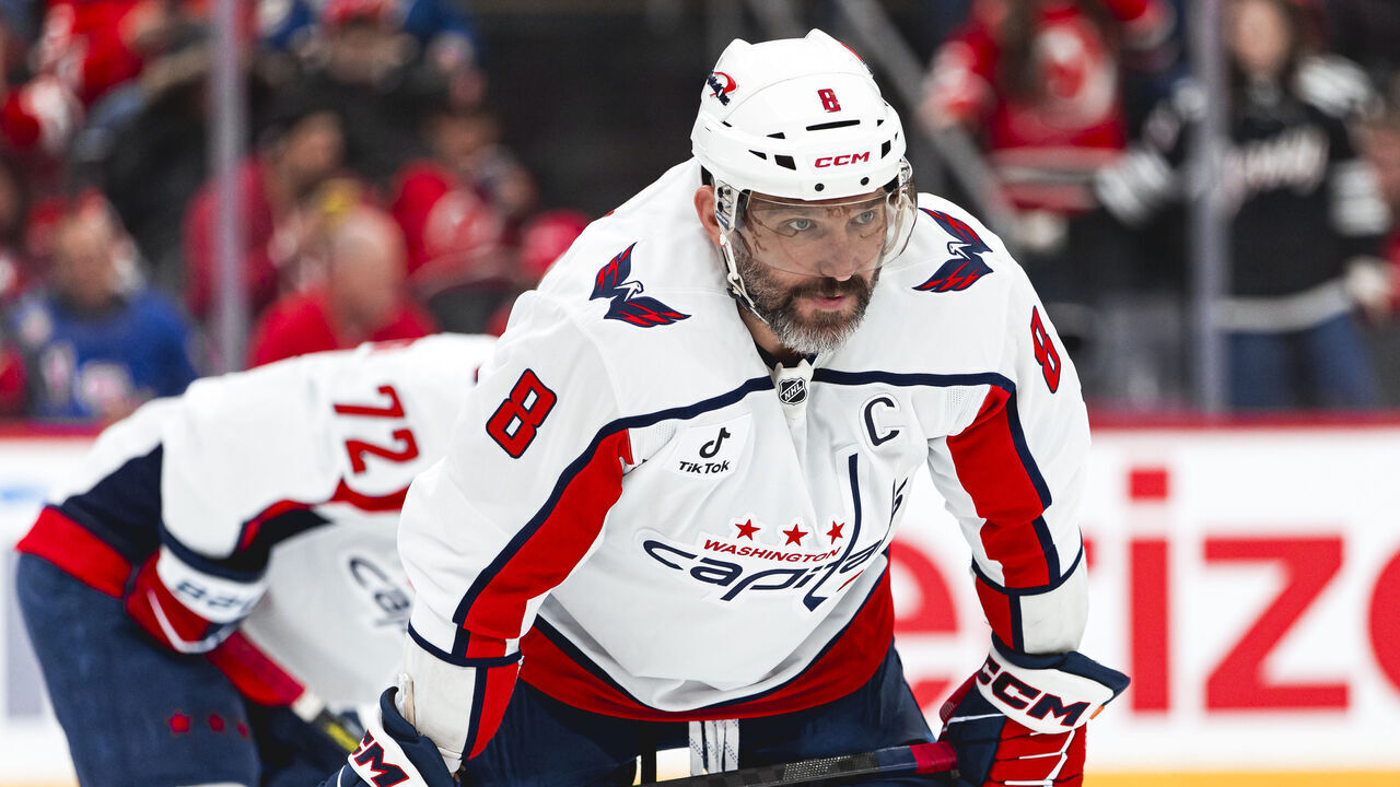 NEWARK, NEW JERSEY - APRIL 2 : Alex Ovechkin #8 of the Washington Capitals looks on during the first period of the NHL regular season game against the Washington Capitals at the Prudential Center on April 2, 2026 in Newark, New Jersey.