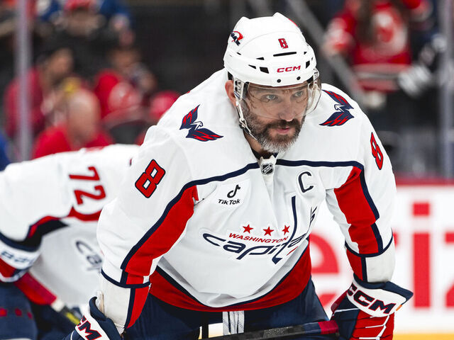 NEWARK, NEW JERSEY - APRIL 2 : Alex Ovechkin #8 of the Washington Capitals looks on during the first period of the NHL regular season game against the Washington Capitals at the Prudential Center on April 2, 2026 in Newark, New Jersey.