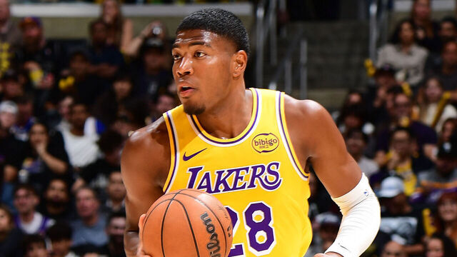 LOS ANGELES, CA - APRIL 7: Rui Hachimura #28 of the Los Angeles Lakers dribbles the ball during the game against the Oklahoma City Thunder on April 7, 2026 at Crypto.Com Arena in Los Angeles, California. NOTE TO USER: User expressly acknowledges and agrees that, by downloading and/or using this Photograph, user is consenting to the terms and conditions of the Getty Images License Agreement. Mandatory Copyright Notice: Copyright 2026 NBAE