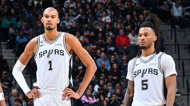SAN ANTONIO, TX - JANUARY 18: Stephon Castle #5 and Victor Wembanyama #1 of the San Antonio Spurs looks on during the game against the Utah Jazz on January 18, 2026 at the Frost Bank Center in San Antonio, Texas. Mandatory Copyright Notice: Copyright 2026 NBAE (Photos by Michael Gonzales/NBAE via Getty Images)