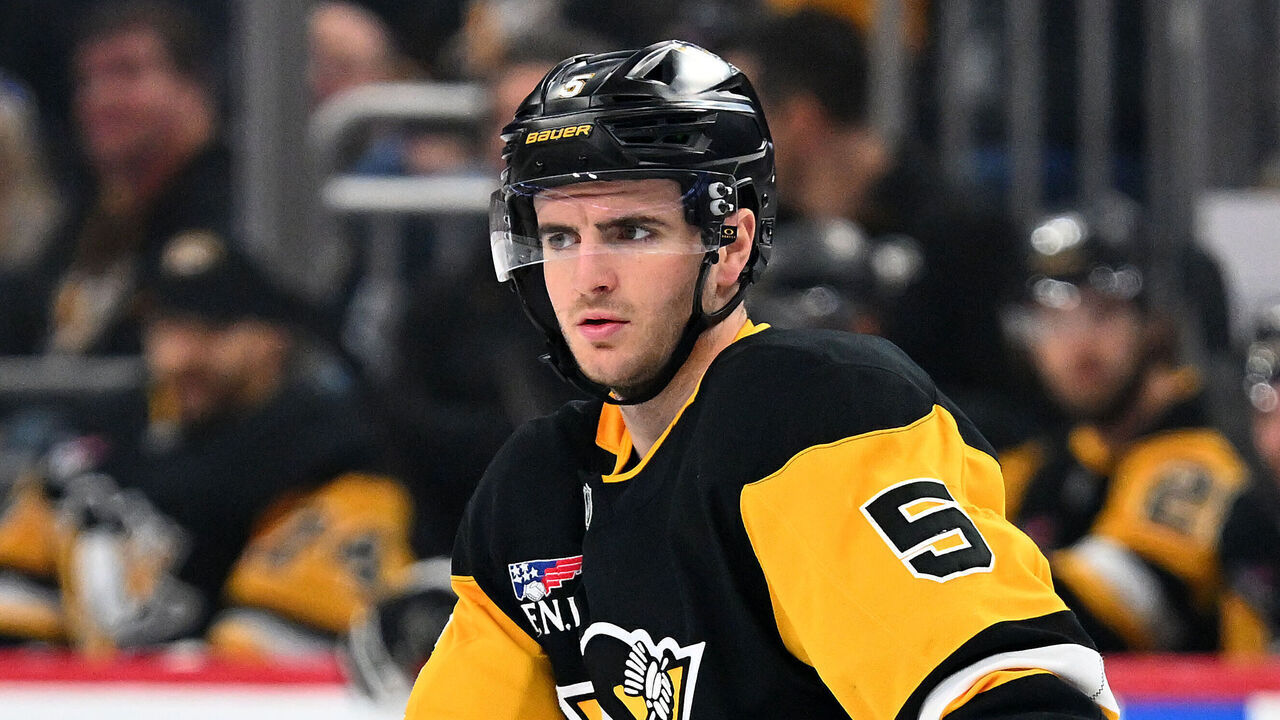 PITTSBURGH, PA - MARCH 21: Ryan Shea #5 of the Pittsburgh Penguins in action during the game against the Winnipeg Jets at PPG PAINTS Arena on March 21, 2026 in Pittsburgh, Pennsylvania.