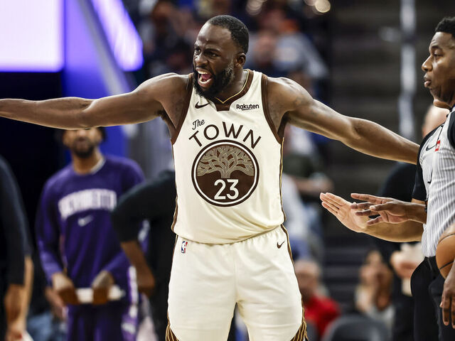Draymond Green (23) tries to make the case for a take foul in the second half as the Golden State Warriors play the Sacramento Kings at Chase Center in San Francisco on Tuesday, April 7, 2026.