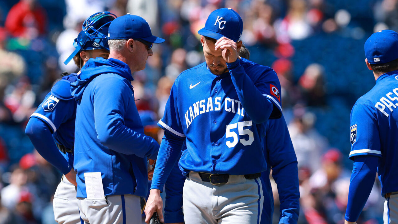 CLEVELAND, OH - APRIL 08: Kansas City Royals starting pitcher Cole Ragans (55) leaves the game during the first inning of the Major League Baseball game between the Kansas City Royals and Cleveland Guardians on April 8, 2026, at Progressive Field in Cleveland, OH.
