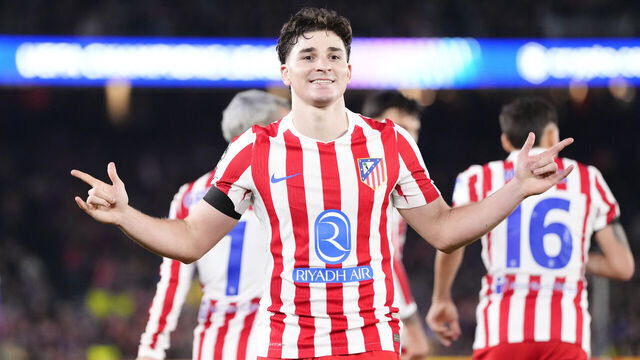 Julian Alvarez centre-forward of Atletico de Madrid and Argentina celebrates after scoring his sides first goal during the UEFA Champions League 2025/26 Quarter-Final First Leg match between FC Barcelona and Club Atlético de Madrid at Estadio Spotify Camp Nou on April 8, 2026 in Barcelona, Spain.