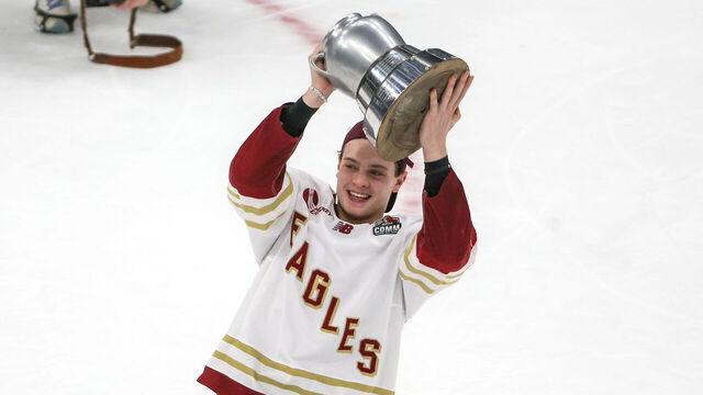 Boston, MA - February 9: Boston College center James Hagens holds the trophy after the win. Boston College and Boston University played in the 2026 Beanpot championship game at TD Garden on February 9, 2026.
