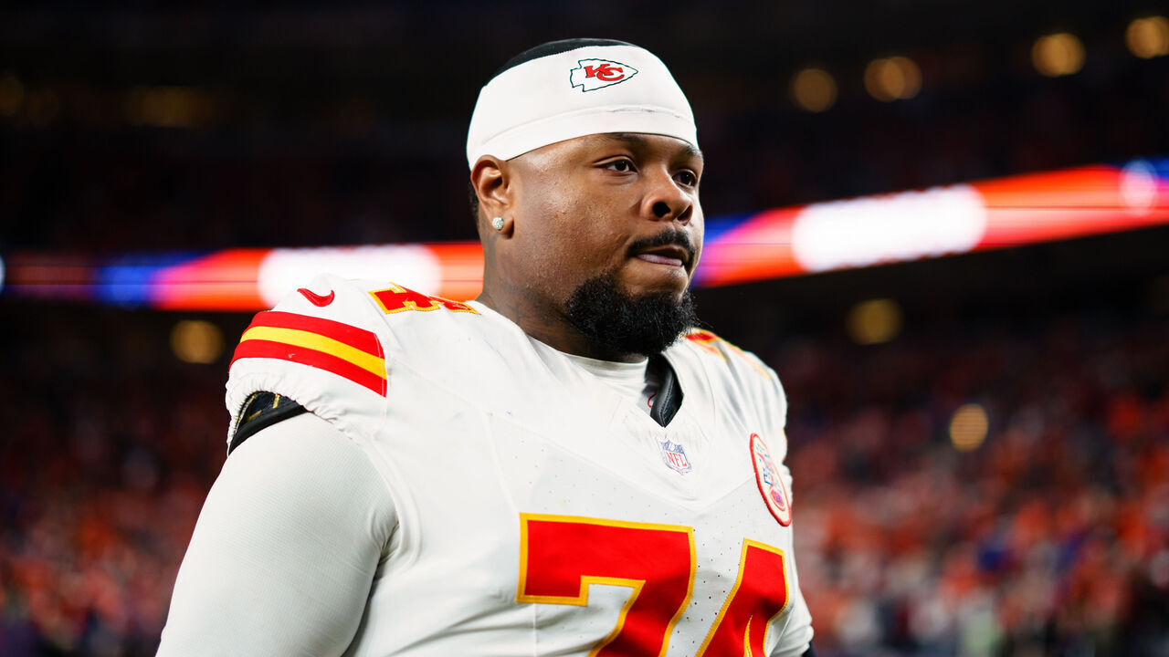 DENVER, CO - NOVEMBER 16: Jawaan Taylor #74 of the Kansas City Chiefs walks off the field after a 22-19 loss to the Denver Broncos at Empower Field at Mile High on November 16, 2025 in Denver, Colorado.