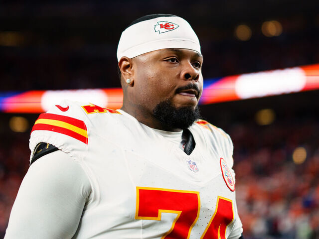 DENVER, CO - NOVEMBER 16: Jawaan Taylor #74 of the Kansas City Chiefs walks off the field after a 22-19 loss to the Denver Broncos at Empower Field at Mile High on November 16, 2025 in Denver, Colorado.