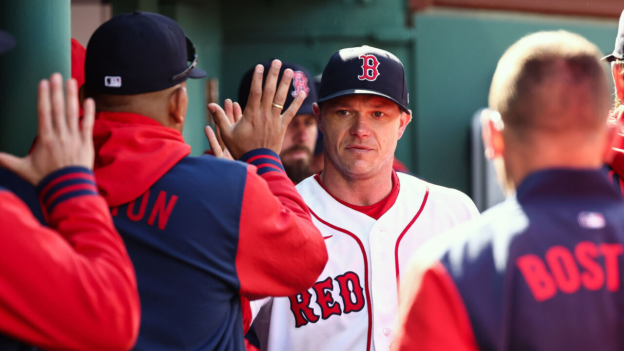 BOSTON, MA - APRIL 8: Pitcher Sonny Gray #54 of the Boston Red Sox is congratulated in the dugout after coming out of the game during the seventh inning against the Milwaukee Brewers at Fenway Park on April 8, 2026 in Boston, Massachusetts.