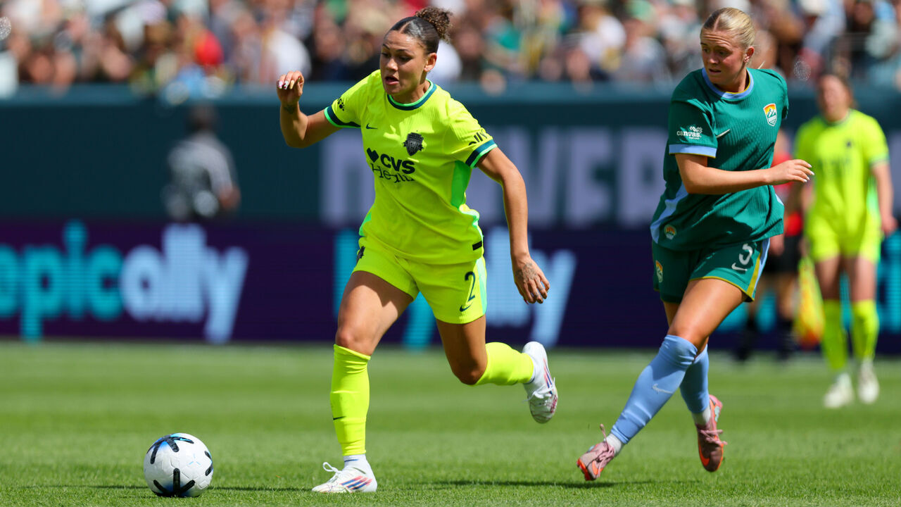 DENVER, CO - MARCH 28: Trinity Rodman #2 of the Washington Spirit controls the ball on her way to goal during the first half against Denver Summit FC at Empower Field at Mile High on March 28, 2026 in Commerce City, Colorado.