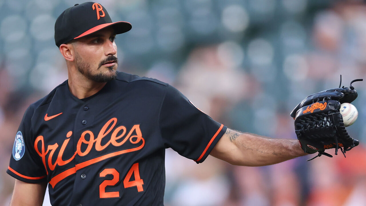 BALTIMORE, MARYLAND - MARCH 31: Zach Eflin #24 of the Baltimore Orioles pitches against the Texas Rangers at Oriole Park at Camden Yards on March 31, 2026 in Baltimore, Maryland.