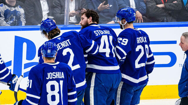 TORONTO, ON - APRIL 08: Toronto Maple Leafs Goaltender Anthony Stolarz (41) is taken out of the game due to an injury during the first period of the NHL regular season game between the Washington Capitals and the Toronto Maple Leafs on April 8, 2026, at Scotiabank Arena in Toronto, ON, Canada.