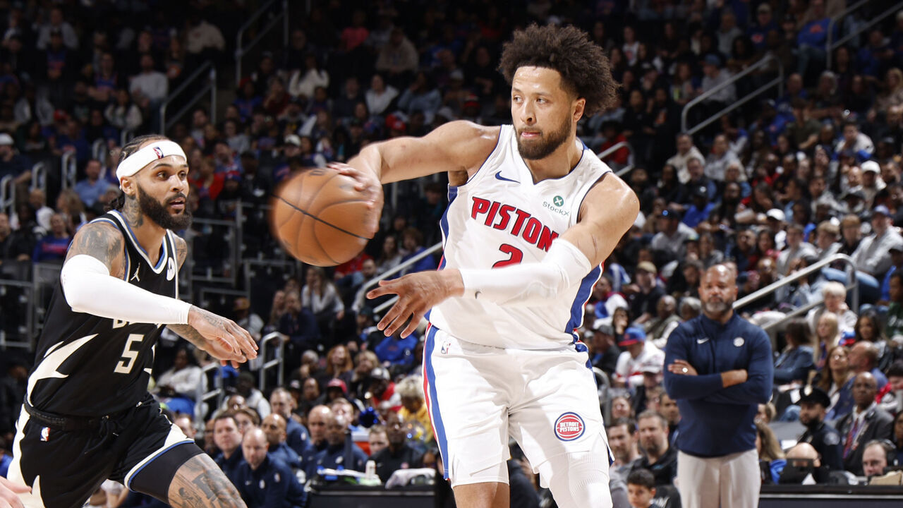 DETROIT, MI - APRIL 8: Cade Cunningham #2 of the Detroit Pistons passes the ball during the game against the Milwaukee Bucks on April 8, 2026 at Little Caesars Arena in Detroit, Michigan. NOTE TO USER: User expressly acknowledges and agrees that, by downloading and/or using this photograph, User is consenting to the terms and conditions of the Getty Images License Agreement. Mandatory Copyright Notice: Copyright 2026 NBAE