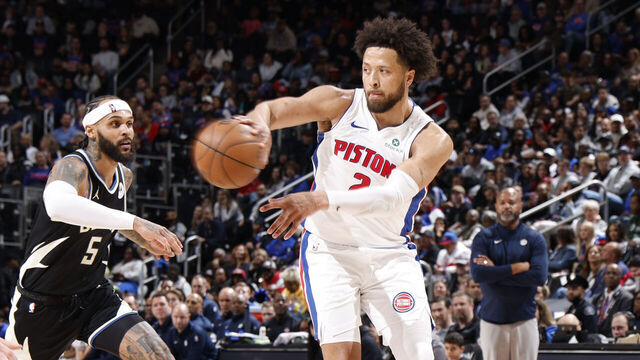 DETROIT, MI - APRIL 8: Cade Cunningham #2 of the Detroit Pistons passes the ball during the game against the Milwaukee Bucks on April 8, 2026 at Little Caesars Arena in Detroit, Michigan. NOTE TO USER: User expressly acknowledges and agrees that, by downloading and/or using this photograph, User is consenting to the terms and conditions of the Getty Images License Agreement. Mandatory Copyright Notice: Copyright 2026 NBAE