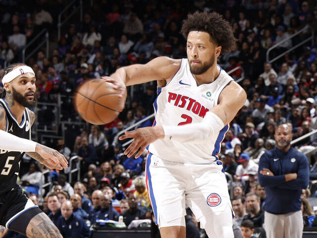 DETROIT, MI - APRIL 8: Cade Cunningham #2 of the Detroit Pistons passes the ball during the game against the Milwaukee Bucks on April 8, 2026 at Little Caesars Arena in Detroit, Michigan. NOTE TO USER: User expressly acknowledges and agrees that, by downloading and/or using this photograph, User is consenting to the terms and conditions of the Getty Images License Agreement. Mandatory Copyright Notice: Copyright 2026 NBAE