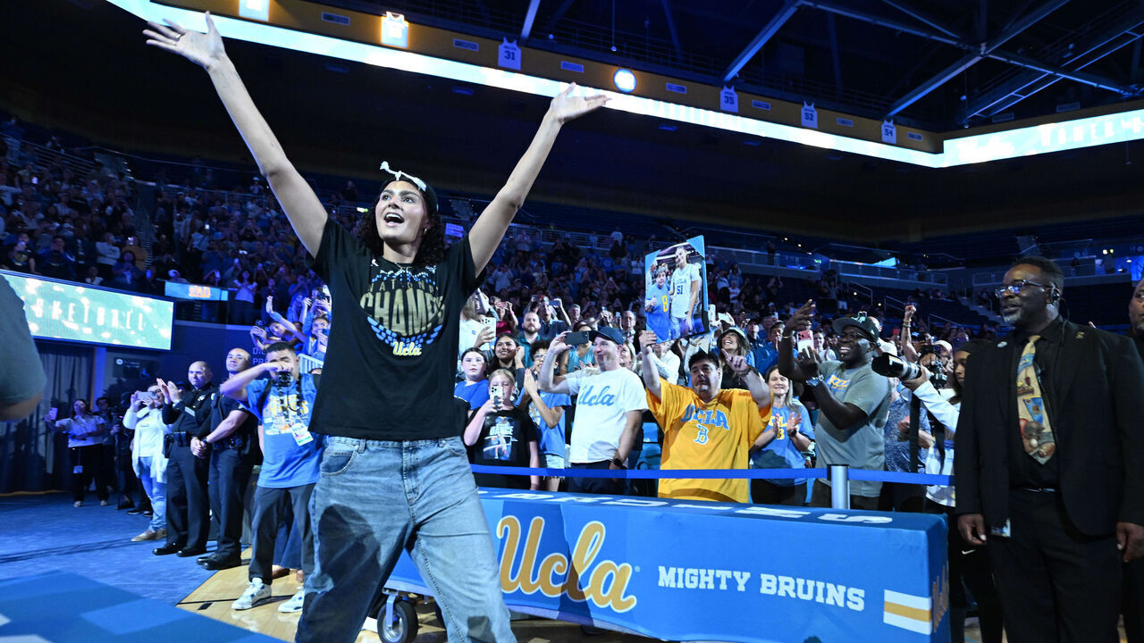 Los Angeles, CA - April 08: Lauren Betts is introduced during a celebration to commemorate the UCLA women's basketball program's first NCAA championship at Pauley Pavilion on the campus of UCLA in Los Angeles on Wednesday, April 8, 2026.