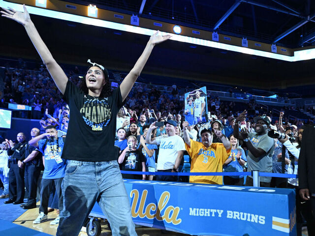 Los Angeles, CA - April 08: Lauren Betts is introduced during a celebration to commemorate the UCLA women's basketball program's first NCAA championship at Pauley Pavilion on the campus of UCLA in Los Angeles on Wednesday, April 8, 2026.