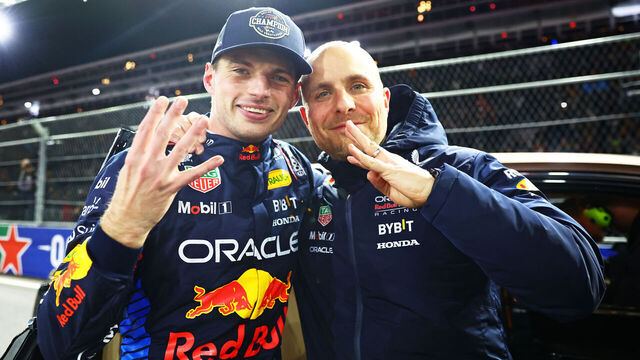 LAS VEGAS, NEVADA - NOVEMBER 23: 2024 F1 World Drivers Champion Max Verstappen of the Netherlands and Oracle Red Bull Racing celebrates with race engineer Gianpiero Lambiase in parc ferme during the F1 Grand Prix of Las Vegas at Las Vegas Strip Circuit on November 23, 2024 in Las Vegas, Nevada.