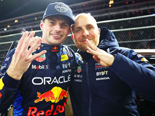LAS VEGAS, NEVADA - NOVEMBER 23: 2024 F1 World Drivers Champion Max Verstappen of the Netherlands and Oracle Red Bull Racing celebrates with race engineer Gianpiero Lambiase in parc ferme during the F1 Grand Prix of Las Vegas at Las Vegas Strip Circuit on November 23, 2024 in Las Vegas, Nevada.