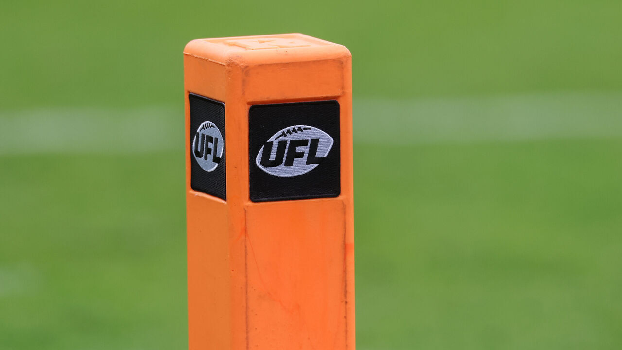 HOUSTON, TX - APRIL 05: The end zone pylon displays the UFL logo before the UFL football game between Houston Gamblers and Birmingham Stallions on April 5, 2026, at Shell Energy Stadium in Houston, Texas.