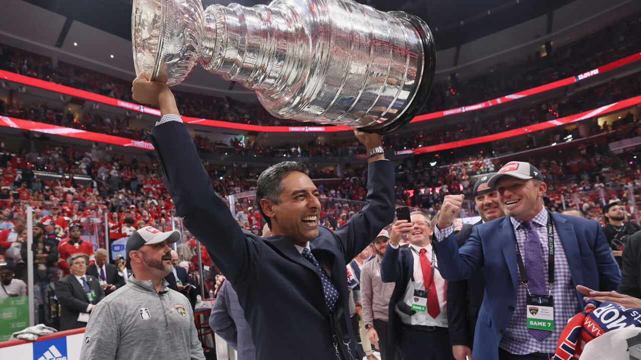 SUNRISE, FLORIDA - JUNE 24: Sunny Mehta and Bryan McCabe of the Florida Panthers celebrate their Stanley Cup victory in Game Seven of the 2024 NHL Stanley Cup Final at Amerant Bank Arena on June 24, 2024 in Sunrise, Florida.