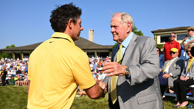 DUBLIN, OHIO - JUNE 04: Tournament host Jack Nicklaus greets Rory McIlroy of Northern Ireland on the 18th green during the final round of the Memorial Tournament presented by Workday at Muirfield Village Golf Club on June 4, 2023 in Dublin, Ohio.