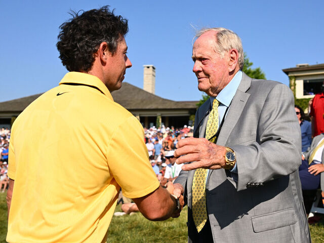DUBLIN, OHIO - JUNE 04: Tournament host Jack Nicklaus greets Rory McIlroy of Northern Ireland on the 18th green during the final round of the Memorial Tournament presented by Workday at Muirfield Village Golf Club on June 4, 2023 in Dublin, Ohio.