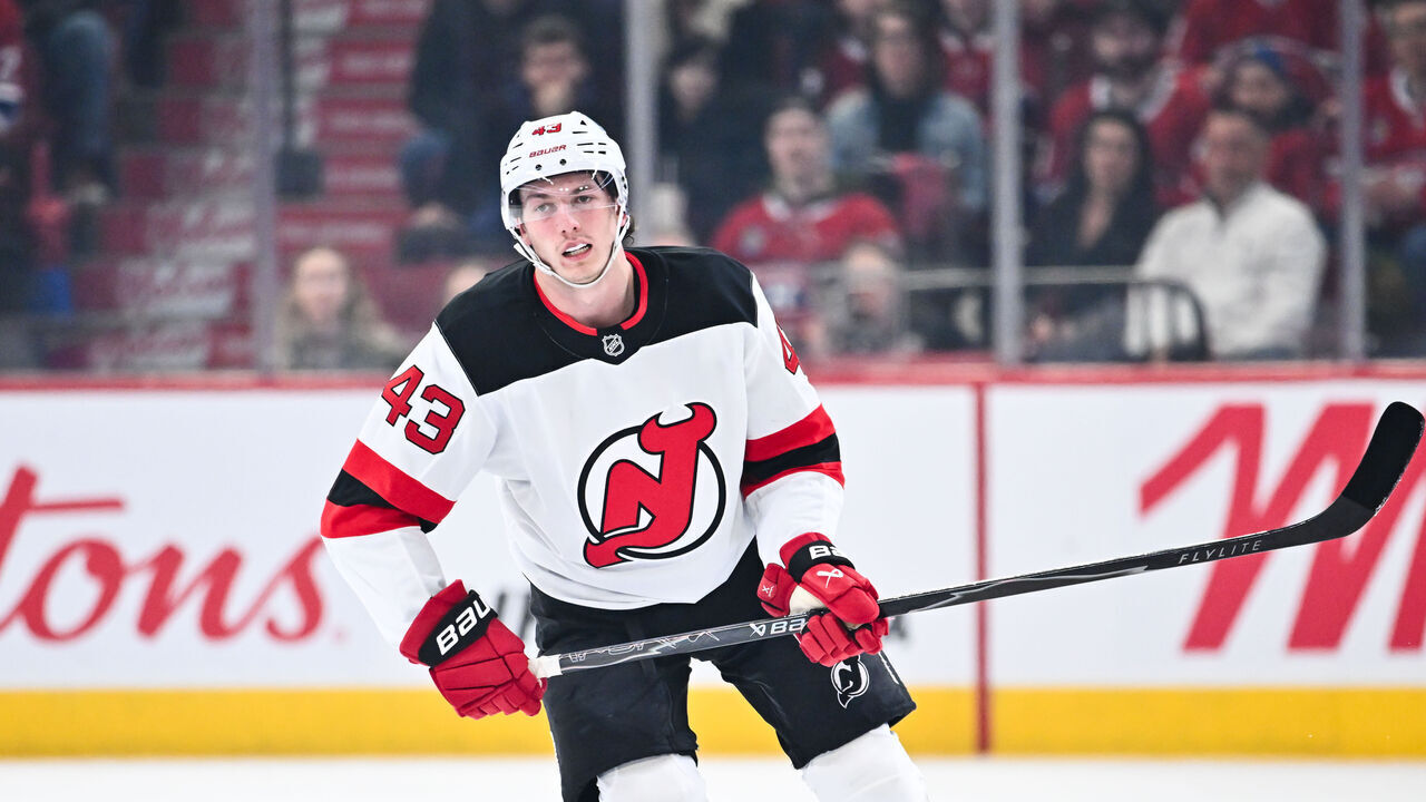 MONTREAL, CANADA - APRIL 05: Luke Hughes #43 of the New Jersey Devils skates during the first period against the Montréal Canadiens at the Bell Centre on April 5, 2026 in Montreal, Quebec, Canada. The New Jersey Devils defeated the Montréal Canadiens 3-0.