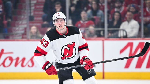 MONTREAL, CANADA - APRIL 05: Luke Hughes #43 of the New Jersey Devils skates during the first period against the Montréal Canadiens at the Bell Centre on April 5, 2026 in Montreal, Quebec, Canada. The New Jersey Devils defeated the Montréal Canadiens 3-0.