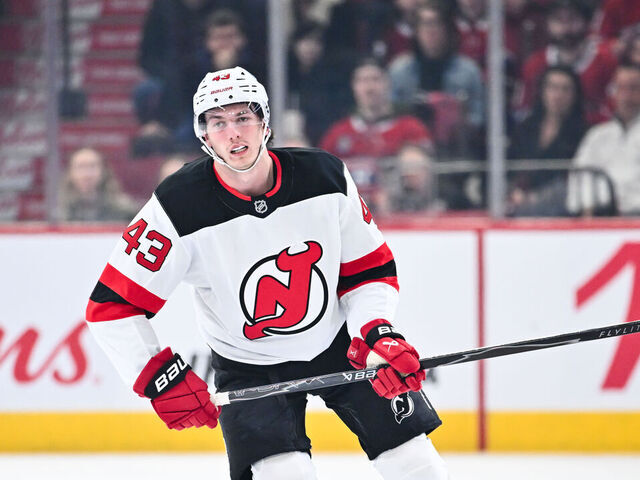 MONTREAL, CANADA - APRIL 05: Luke Hughes #43 of the New Jersey Devils skates during the first period against the Montréal Canadiens at the Bell Centre on April 5, 2026 in Montreal, Quebec, Canada. The New Jersey Devils defeated the Montréal Canadiens 3-0.