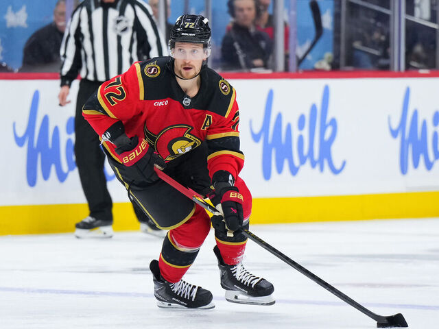 OTTAWA, CANADA - MARCH 21: Thomas Chabot #72 of the Ottawa Senators skates against the Toronto Maple Leafs on March 21, 2026 at Canadian Tire Centre in Ottawa, Ontario, Canada.