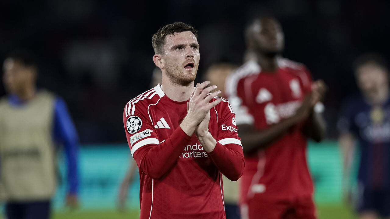 PARIS, FRANCE - APRIL 8: Andy Robertson of Liverpool thanks supporters for standing during the UEFA Champions League 2025/26 Quarter-Final First Leg match between Paris-Saint-Germain FC and Liverpool FC at Parc des Princes on April 8, 2026 in Paris, France.