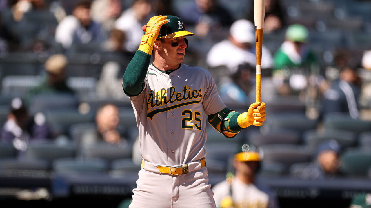NEW YORK, NEW YORK - APRIL 09: Brent Rooker #25 of the Athletics at bat before exiting to the dugout with an apparent injury in the first inning against the New York Yankees at Yankee Stadium on April 09, 2026 in New York City.