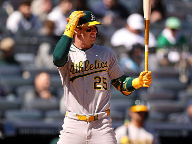 NEW YORK, NEW YORK - APRIL 09: Brent Rooker #25 of the Athletics at bat before exiting to the dugout with an apparent injury in the first inning against the New York Yankees at Yankee Stadium on April 09, 2026 in New York City.