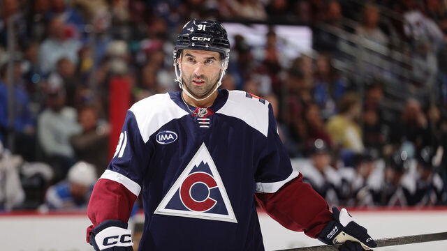 DENVER, COLORADO - APRIL 05: Nazem Kadri #91 of the Colorado Avalanche looks on against the St Louis Blues during the third period at Ball Arena on April 05, 2026 in Denver, Colorado.