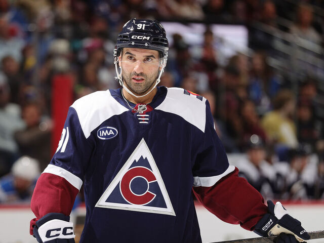 DENVER, COLORADO - APRIL 05: Nazem Kadri #91 of the Colorado Avalanche looks on against the St Louis Blues during the third period at Ball Arena on April 05, 2026 in Denver, Colorado.