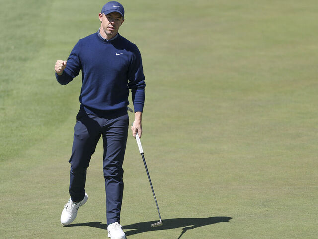 AUGUSTA, GEORGIA - APRIL 09: Rory McIlroy of Northern Ireland reacts after a birdie on the 15th green during the first round of the 2026 Masters Tournament at Augusta National Golf Club on April 09, 2026 in Augusta, Georgia.