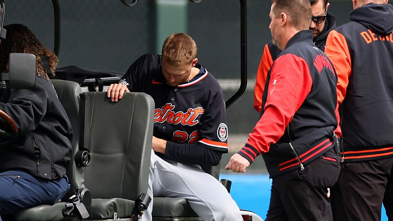MINNEAPOLIS, MINNESOTA - APRIL 09: Parker Meadows #22 of the Detroit Tigers is carted off the field after colliding with teammate Riley Greene #31 (not pictured) in the eighth inning at Target Field on April 09, 2026 in Minneapolis, Minnesota. The Twins defeated the Tigers 3-1.